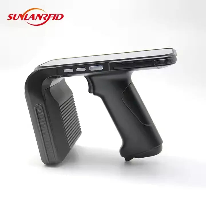 SLP-05 handheld Android UHF RFID reader and scanner with integrated barcode scanner and fingerprint sensor.