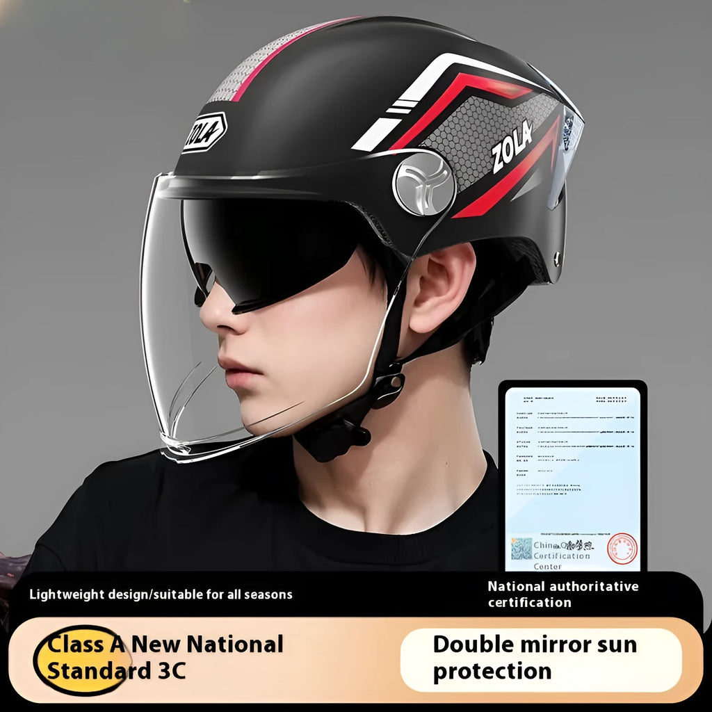 Universal motorcycle half helmet with double mirror sun visor in assorted colours.