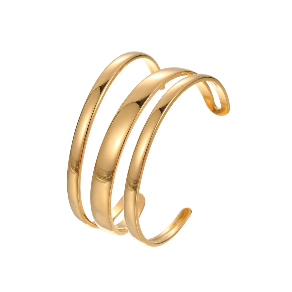 Women's stainless steel opening bracelet with geometric line design in gold or steel colour with 18K electroplated finish