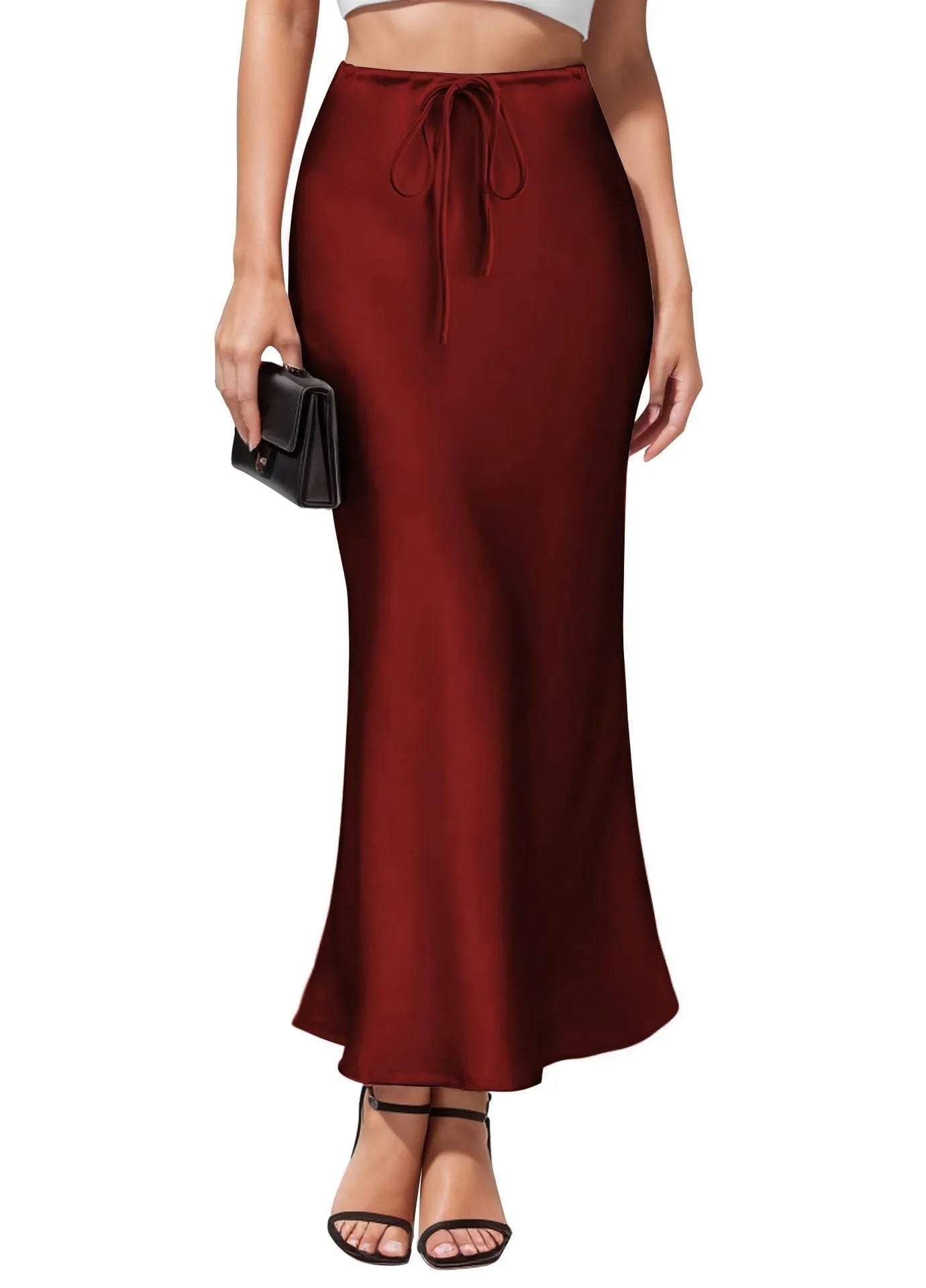 Women's high waist asymmetric acetate satin skirt with irregular hemline stitching in milky white colour