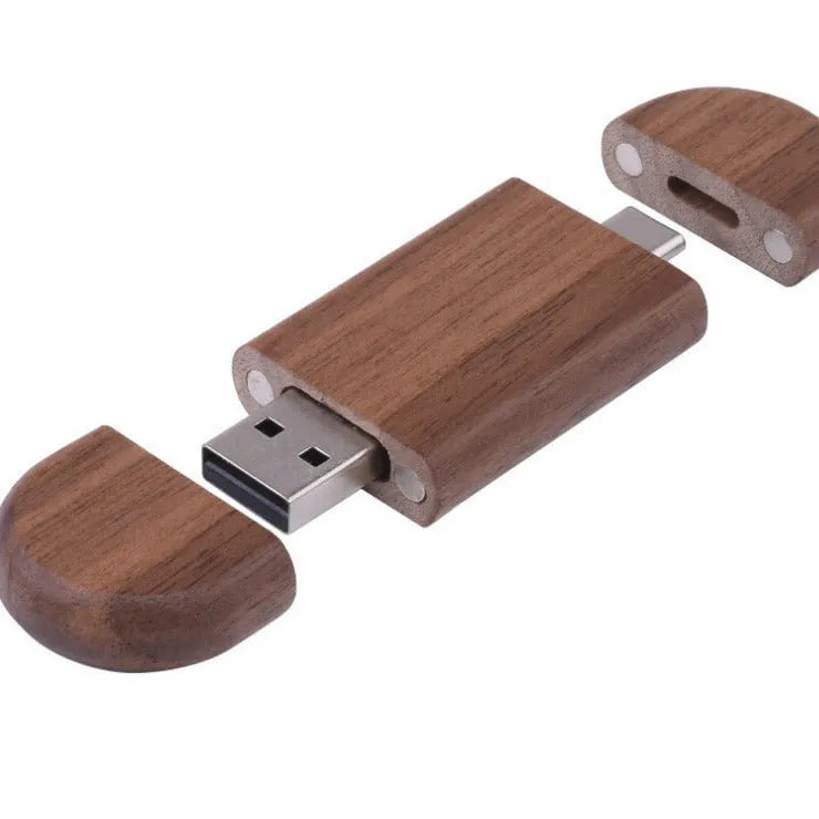 Maple box carved wooden USB flash drive showing both TYPE-C and standard USB connectors