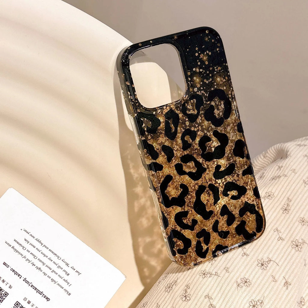 Black gold leopard print IMD phone case for iPhone with drop-resistant protection