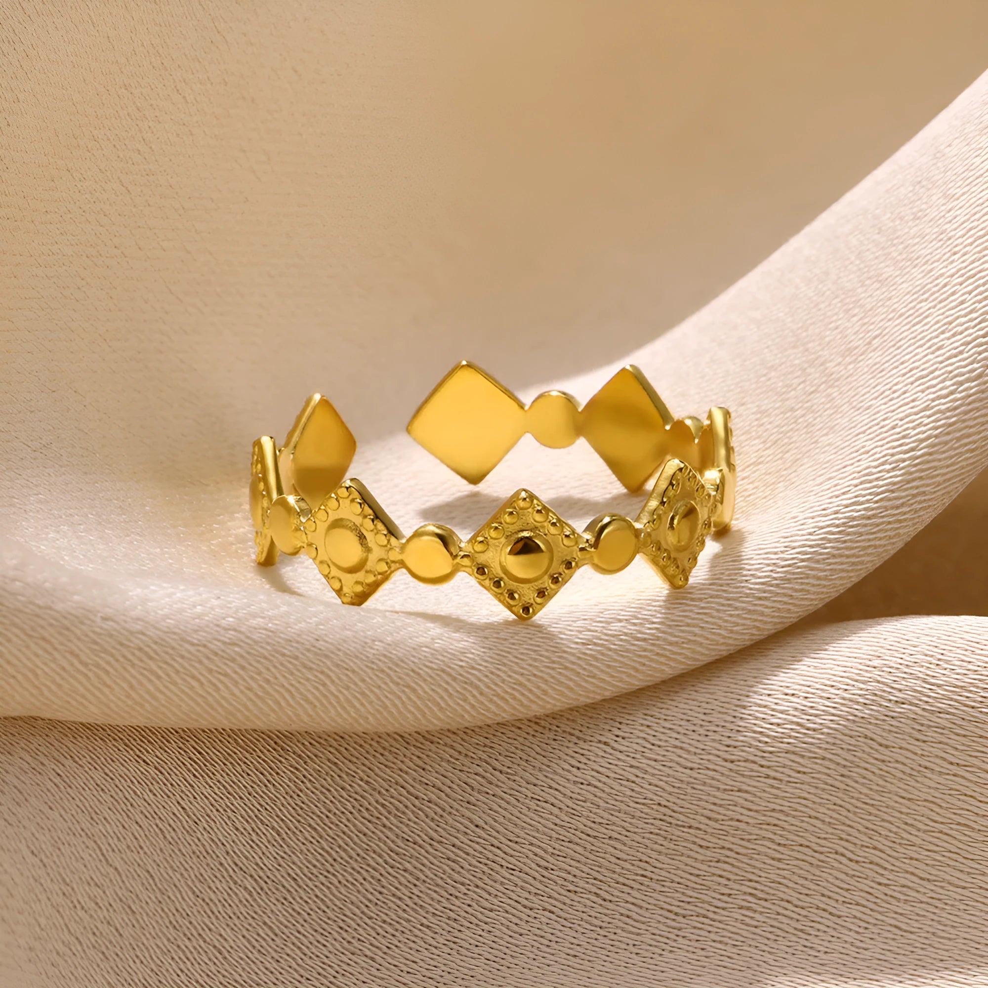 Geometric titanium steel women's ring with gold diamond detail on adjustable band