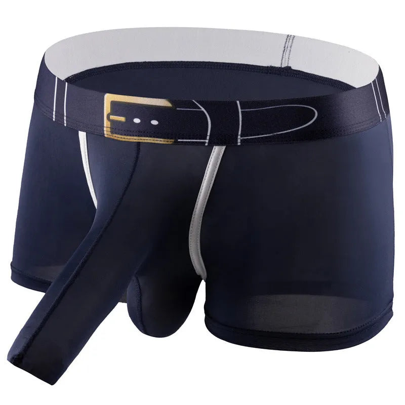Men's solid colour ice silk boxer shorts in grey, shown laid flat, featuring a mid waist design.