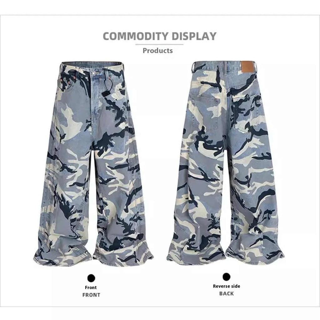 Snow camouflage blue jeans with loose fit trousers design and cotton elastic denim fabric