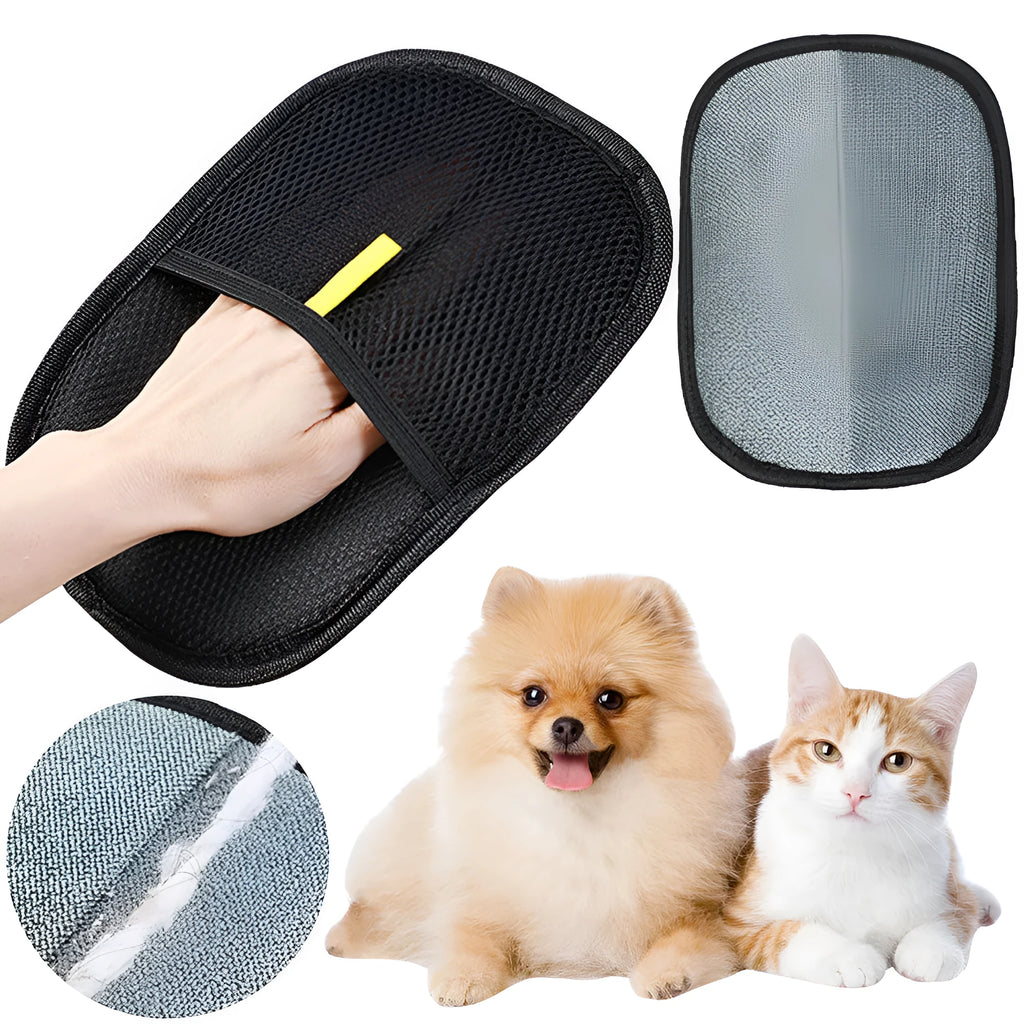 Black pet hair removal glove with silicone bristles for grooming dogs, cats, and rabbits.