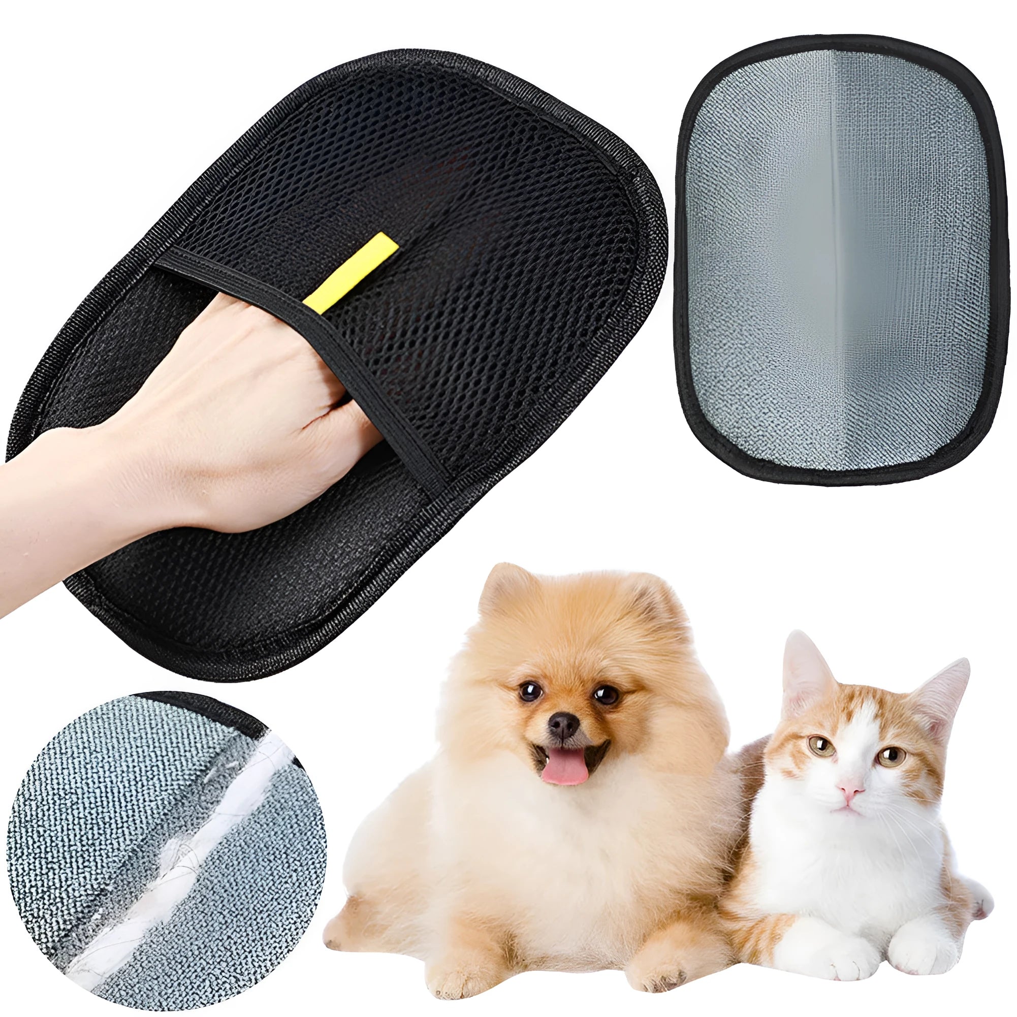 Black pet hair removal glove with silicone bristles for grooming dogs, cats, and rabbits.