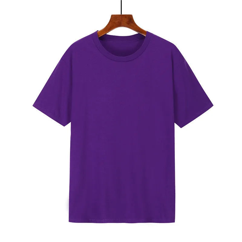 Men's loose fit cotton short sleeve T-shirt on a hanger, available in multiple colours.