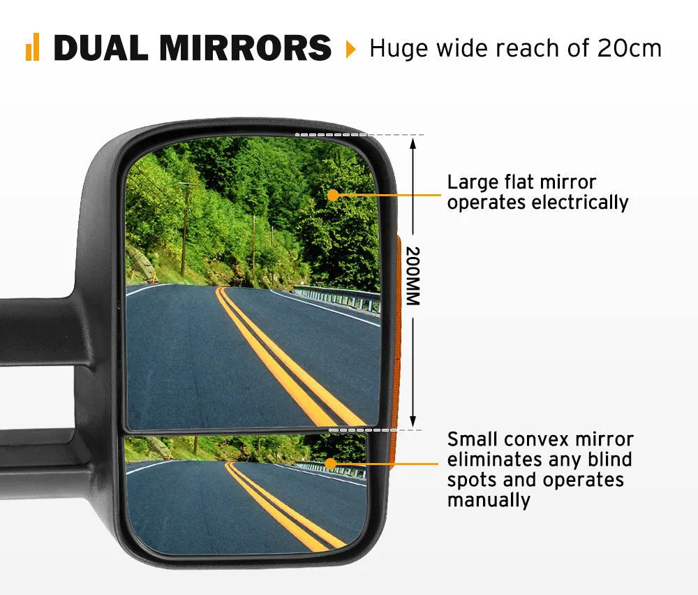 Black electric exterior rear vision mirrors with integrated turn signal indicators for Nissan NP300 D23