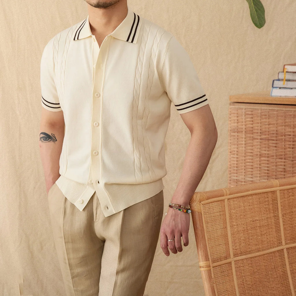 Men's apricot cotton-blended lapel polo shirt with short sleeves on a hanger.