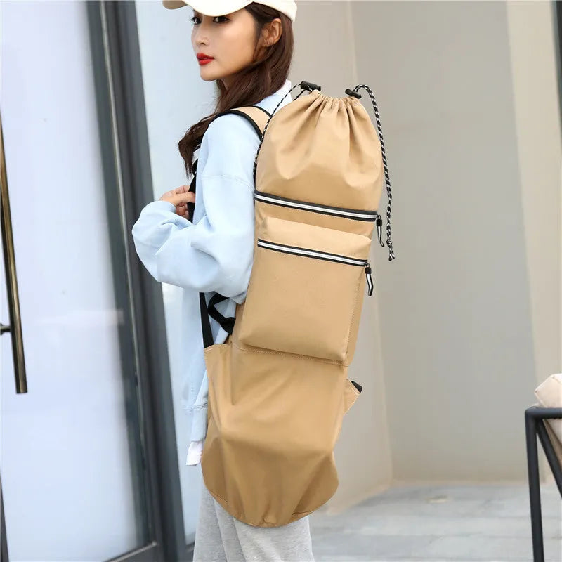 Waterproof nylon skateboard backpack in camouflage colour with 20-35 litre capacity for outdoor sports.