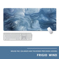 Oversized rectangular desk mat with printed cold-style graphic, placed under a keyboard and mouse.