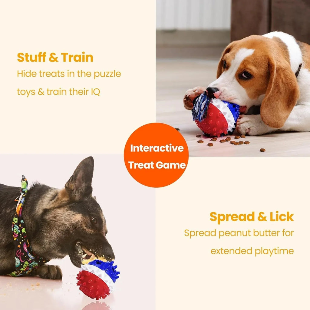 Blue and red squeaky dog toy ball with treat dispenser hole for aggressive chewers