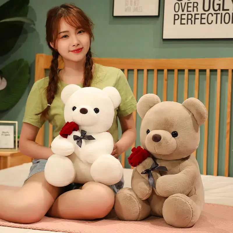 Lovely hug roses teddy bear plush pillow stuffed animal doll in brown, beige or grey colours