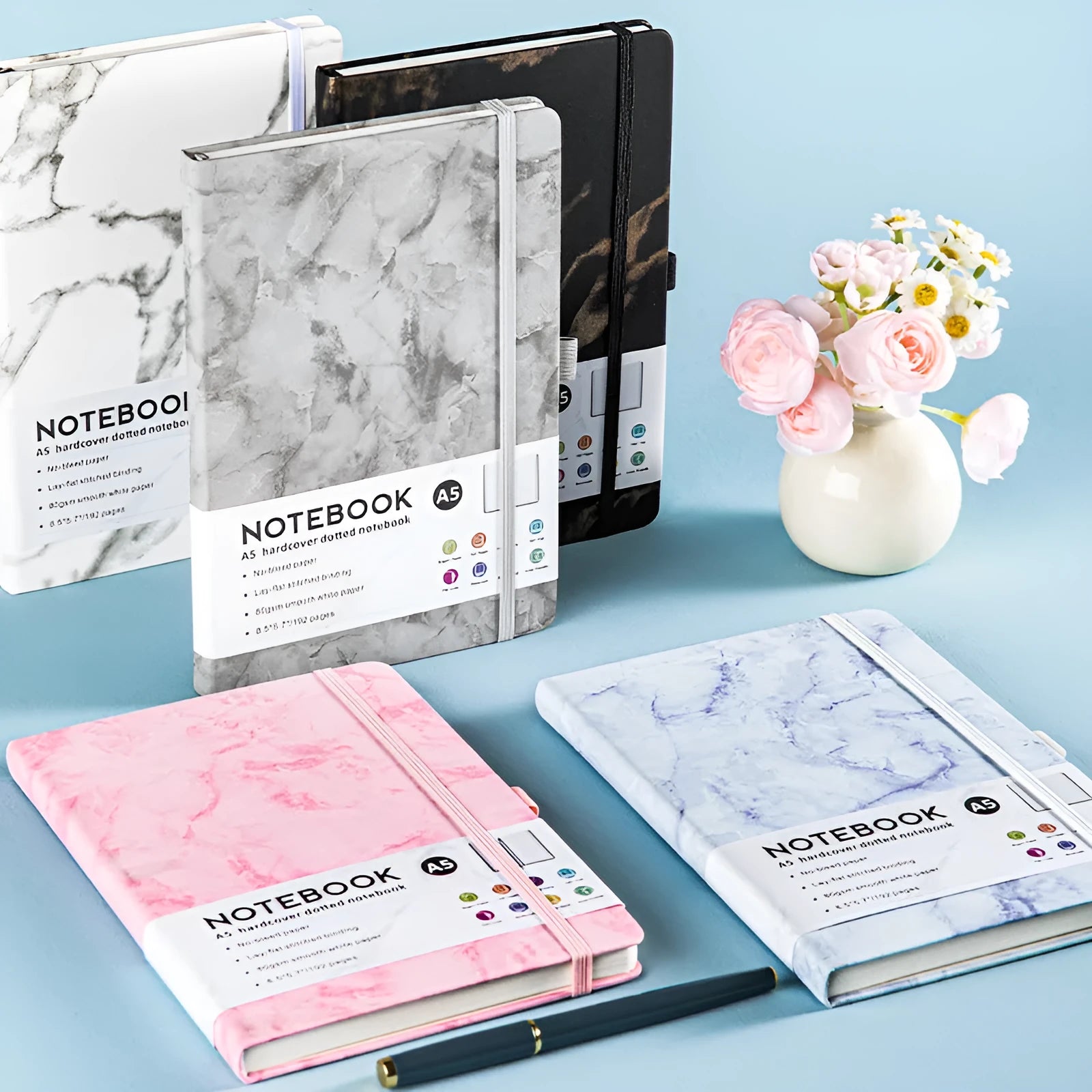 A5 soft skin-feel PU leather diary with strap closure and horizontal ruled pages in multiple colour options