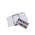 Tinplate metal empty paint box for solid watercolour pigments, shown closed.