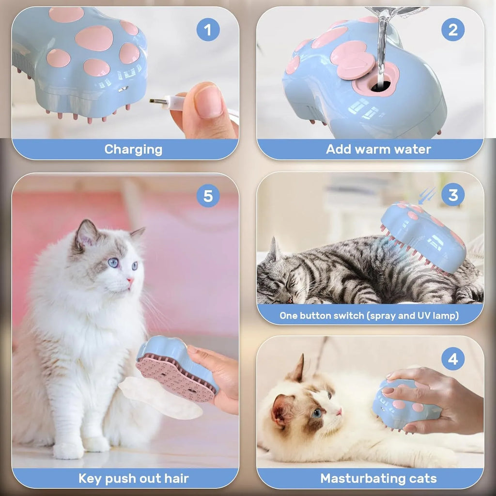 Blue rechargeable self-cleaning cat steam brush with silicone bristles and mist spray bottle