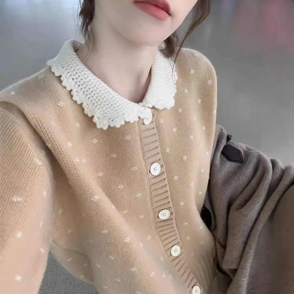 Women's floral embroidered Peter Pan collar cardigan coat in cashmere-blend polyester fabric