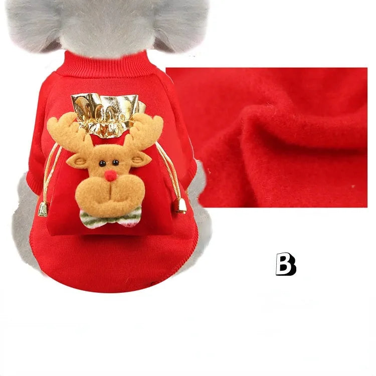 Brown Christmas pet Santa costume made from cotton-style cloth with four-leg design, available in sizes XS to 7XL