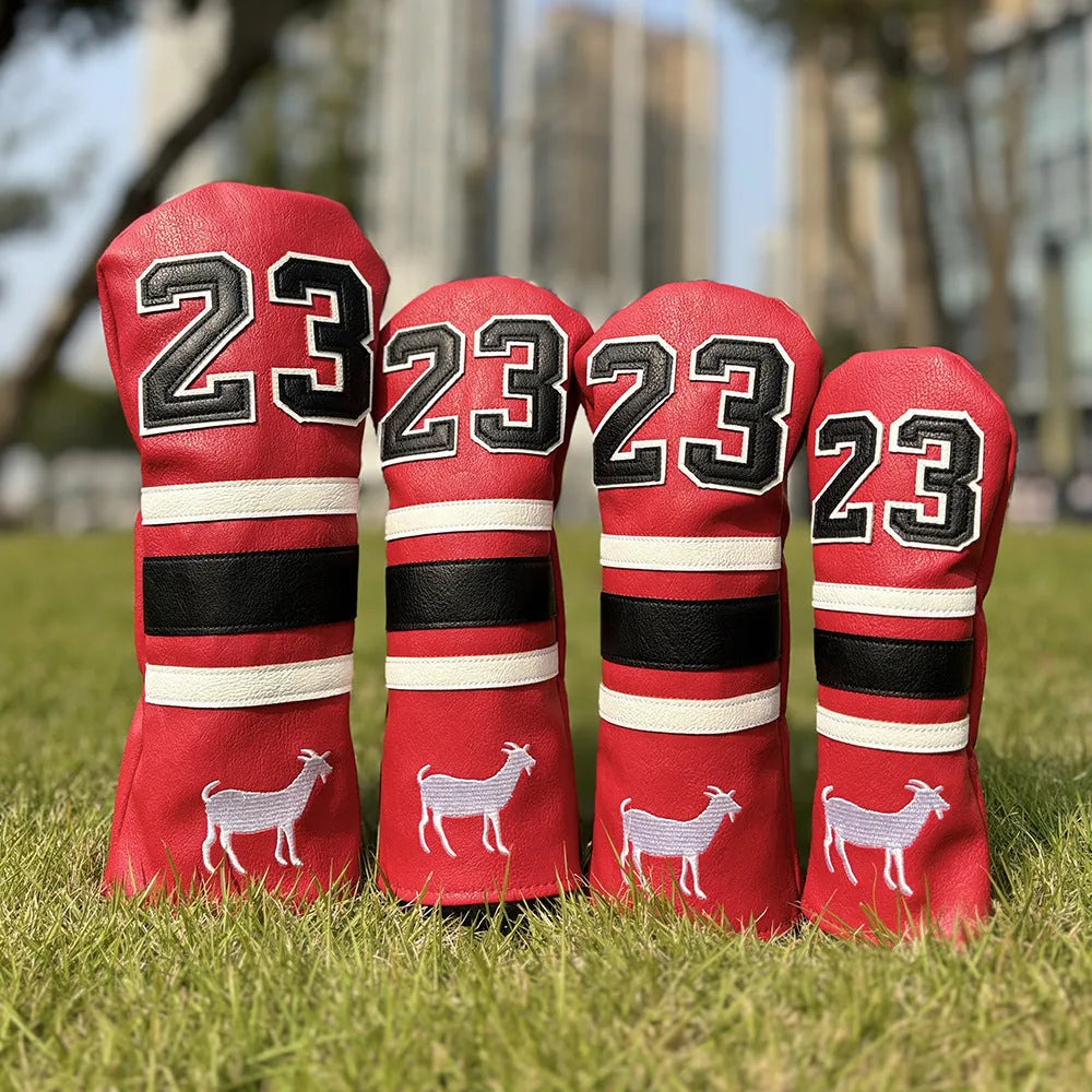 Ram golf club sleeve set showing four PU protectors for wooden pole clubs including chicken drumstick fairway design and square putter cover