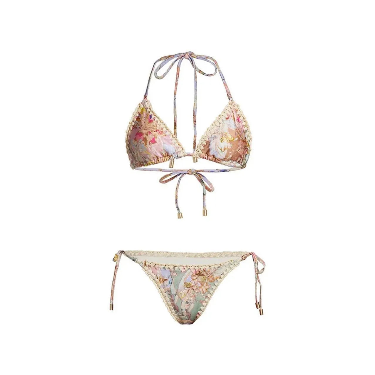 Women's creamy white floral bikini set with matching skirt for beach and swimming