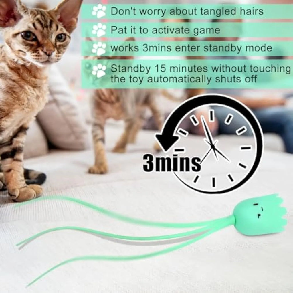 Green automatic cat wand toy with rotating silicone tails for indoor cat entertainment