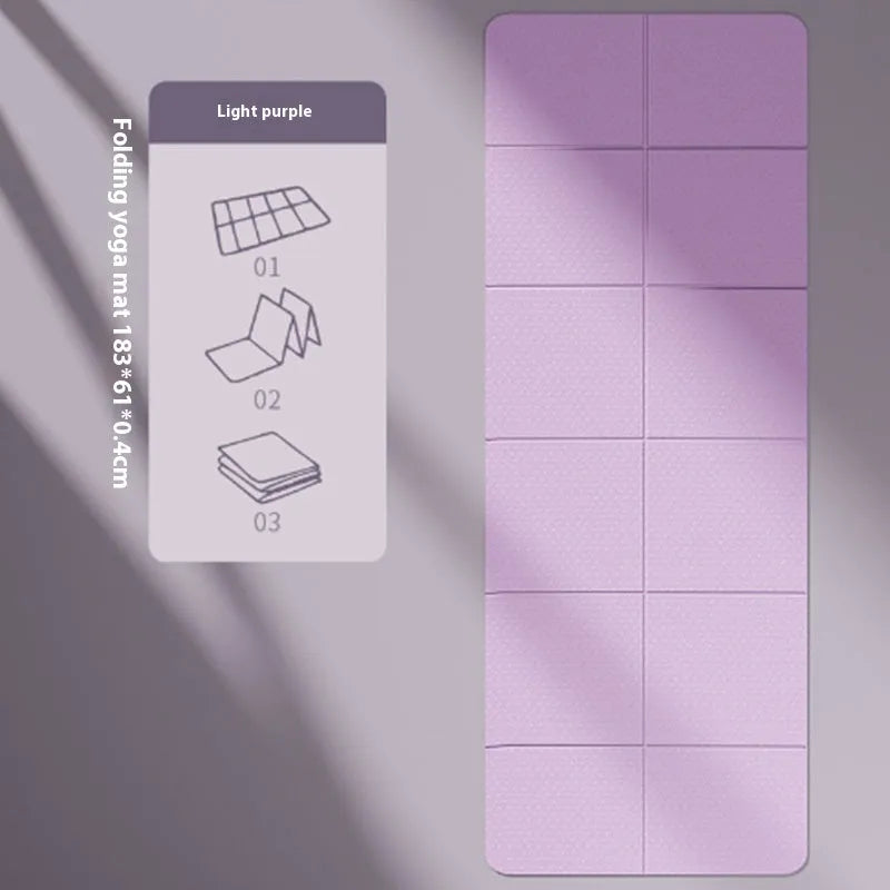 Purple folding gymnastic mat showing its six-fold design, non-slip TPE surface, and full 183cm length.