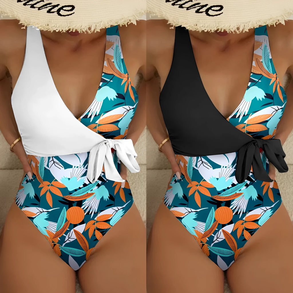 Women's high-waist one-piece swimsuit in printed pattern design with polyester and nylon construction