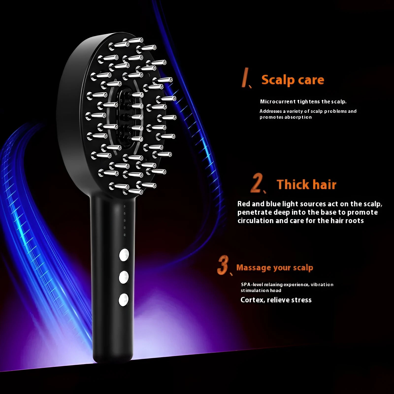 Handheld black scalp massage device with charging cable on a white background.