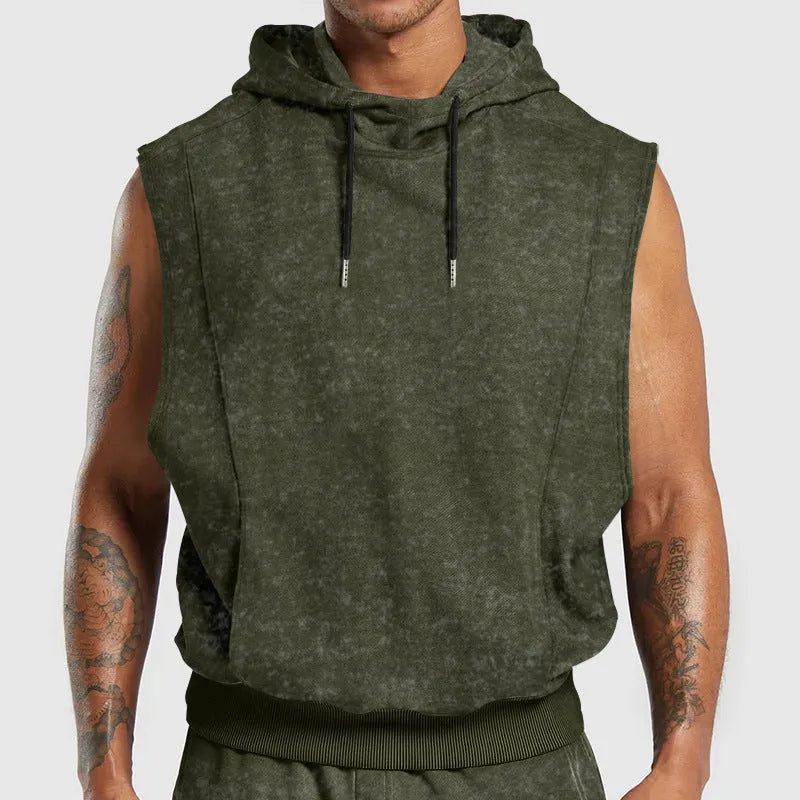 Men's fashion distressed all-over printed floral sleeveless hooded top in gray, slim fit, with 3D patch pocket