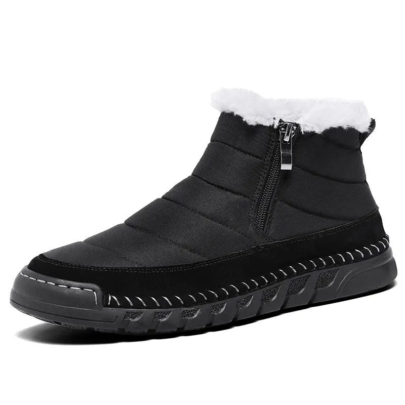 Men's plus size snow boot in a solid colour with cotton upper, flat heel, and non-slip rubber sole.