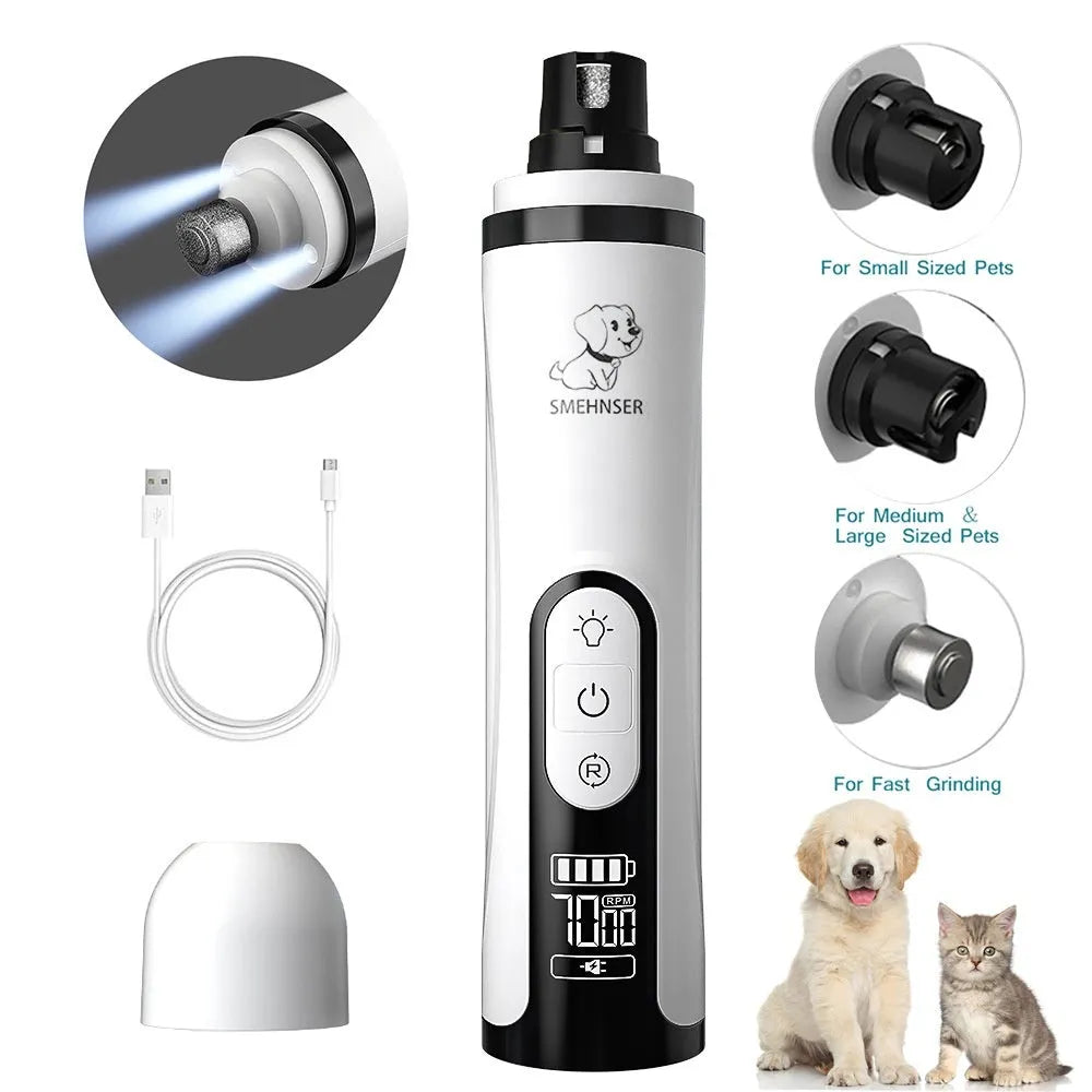 White electric pet nail trimmer with LED indicator light and dust collection chamber for dogs
