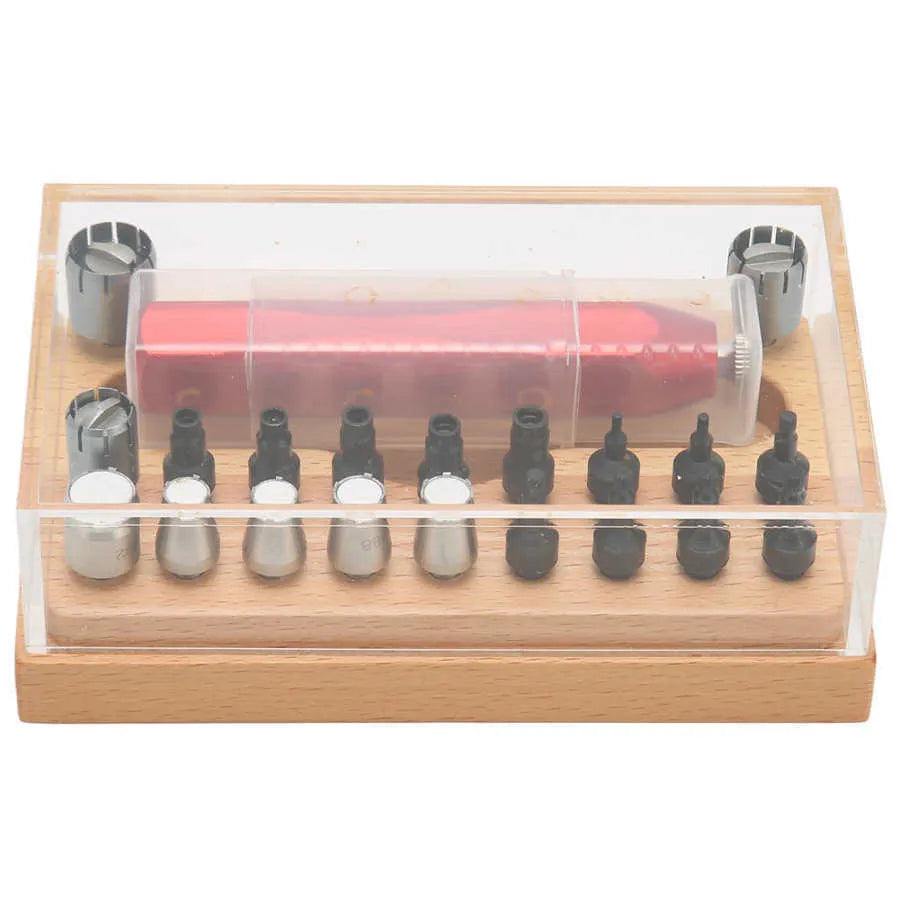 Steel watch repair tool kit with extracting tubes and barrel-opening tools measuring 128x79x43mm