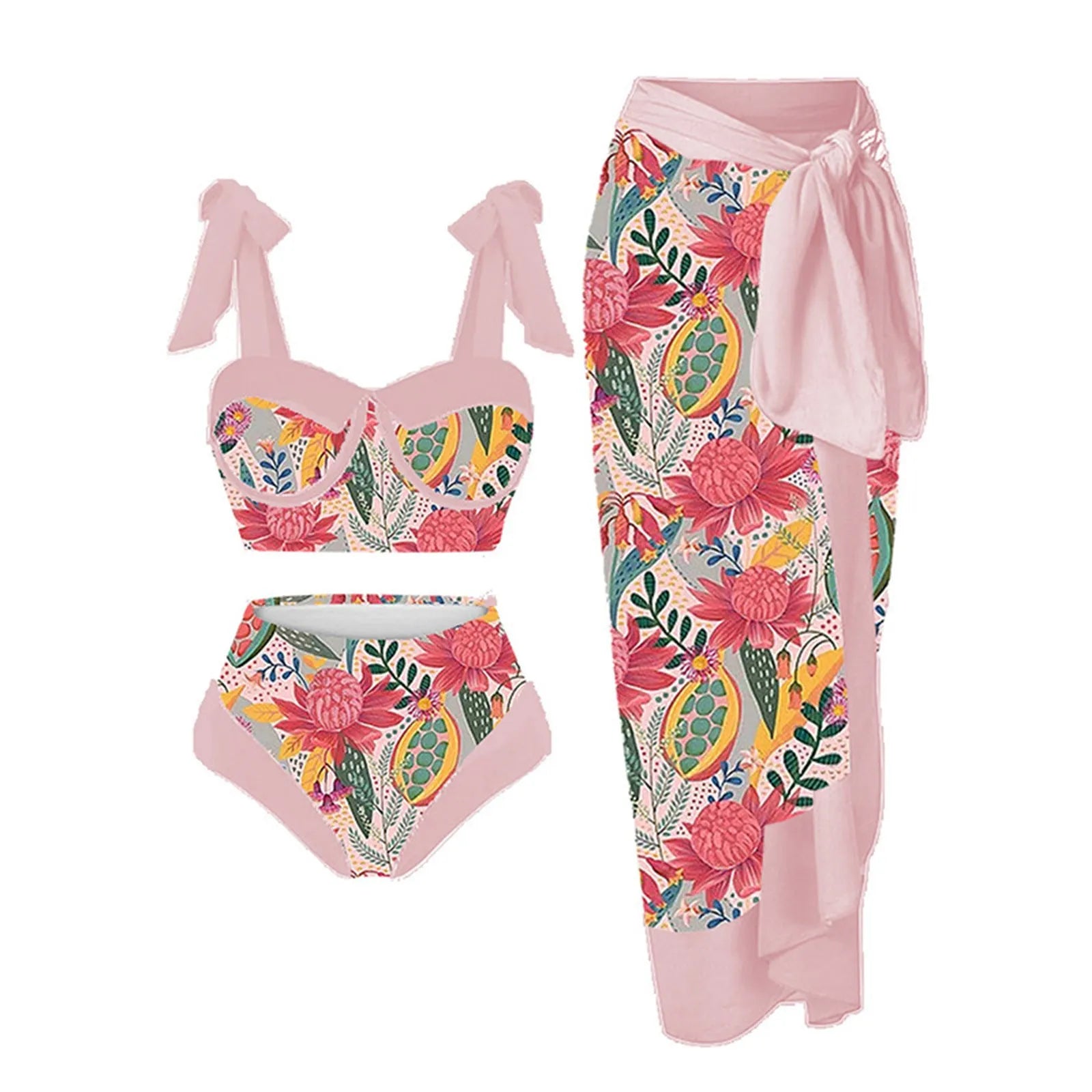 Women's three-piece swimsuit set with printing pattern showing skirt, bra and panties components
