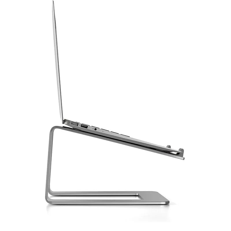 Aluminium laptop stand in black colour showing 29.9cm width and 18.5cm height dimensions