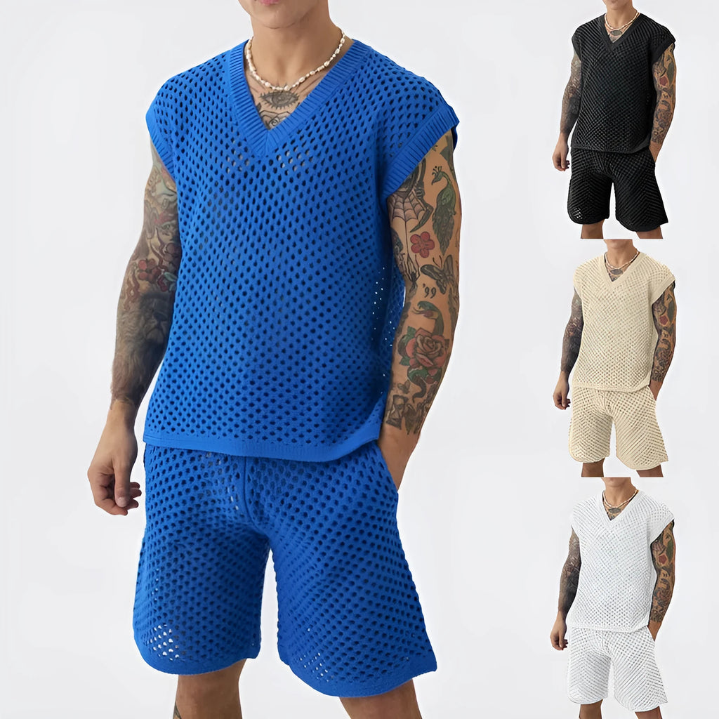 Men's blue V-neck knitted vest and shorts sports set for summer