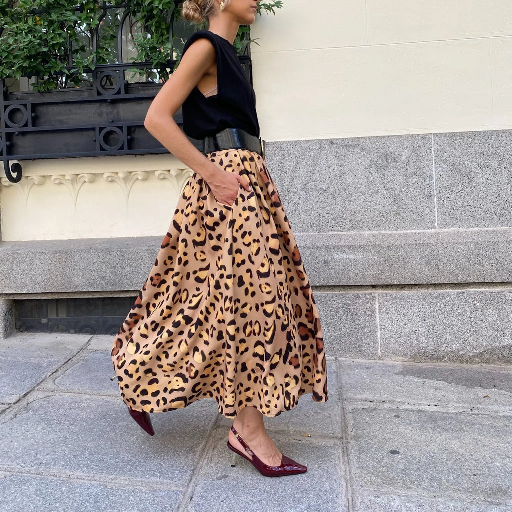 Brown leopard print women's A-line skirt with big hem design in long length