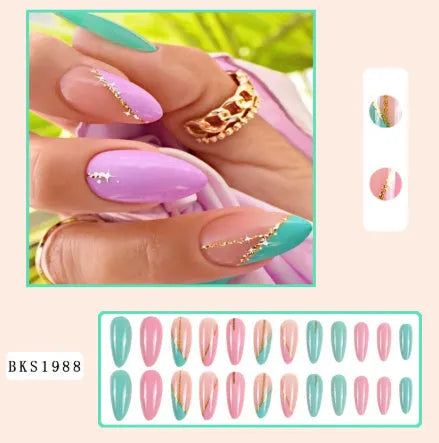 Four almond-shaped nail sticker designs with frosted finish including French leaves and gradient leopard patterns