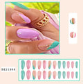 Four almond-shaped nail sticker designs with frosted finish including French leaves and gradient leopard patterns
