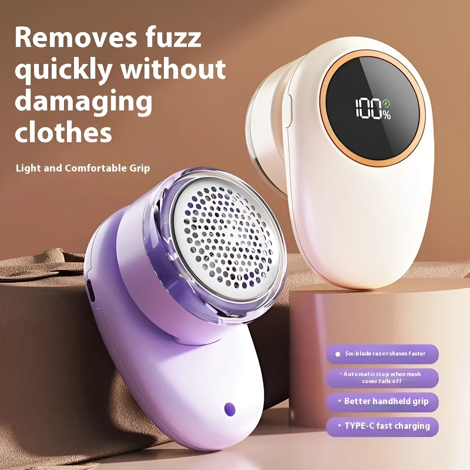 Fur ball trimmer with digital display in beige or purple colours showing cutter head options