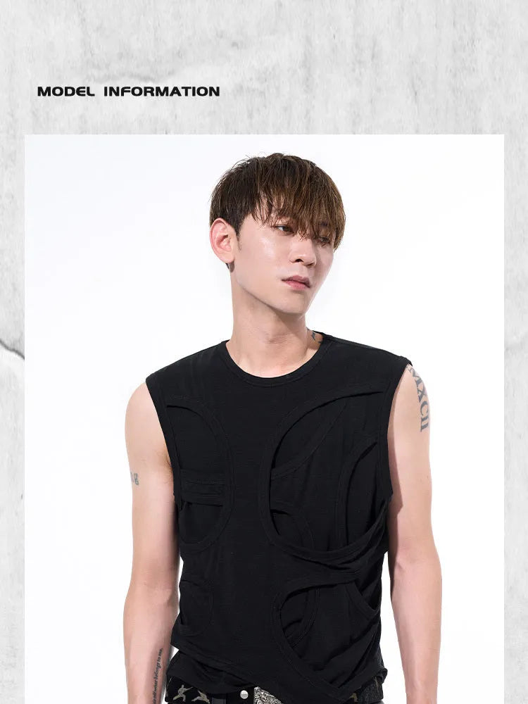 Men's solid colour lyocell summer vest in black, showing round neck and sleeveless tank-top design