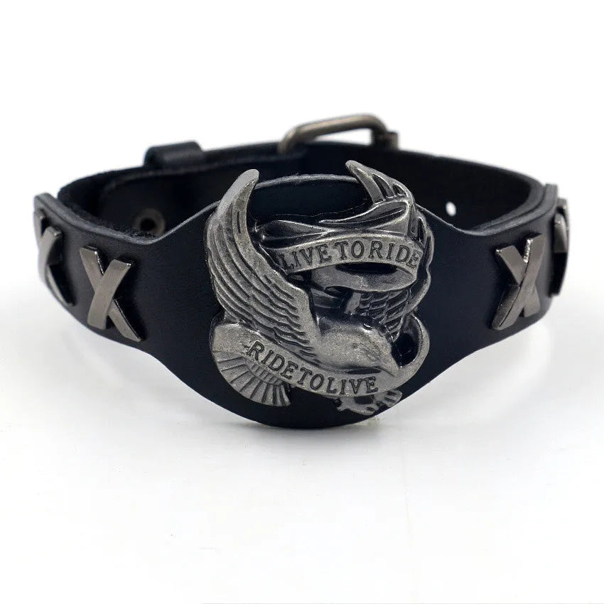 Black leather geometric bracelet with an alloy eagle clasp on a wrist.