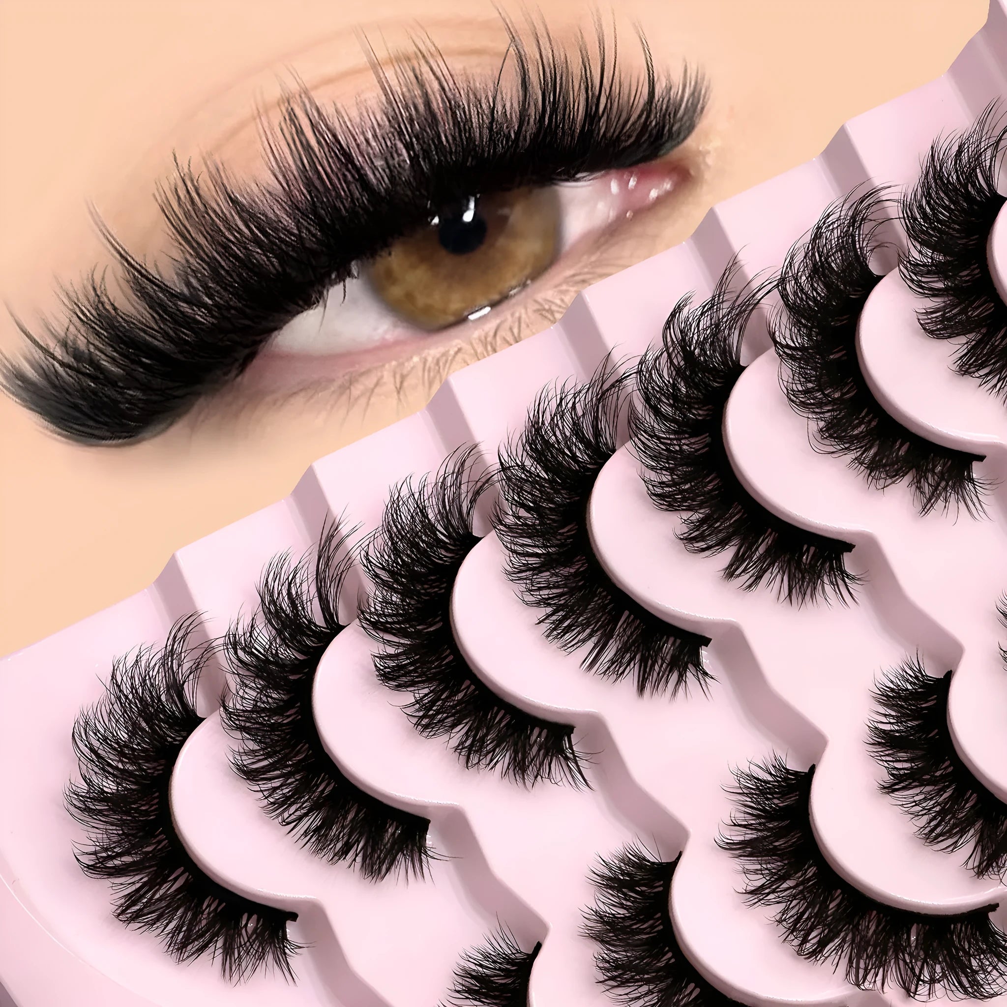 Box of natural false eyelashes with adhesive glue in artificial fibre construction