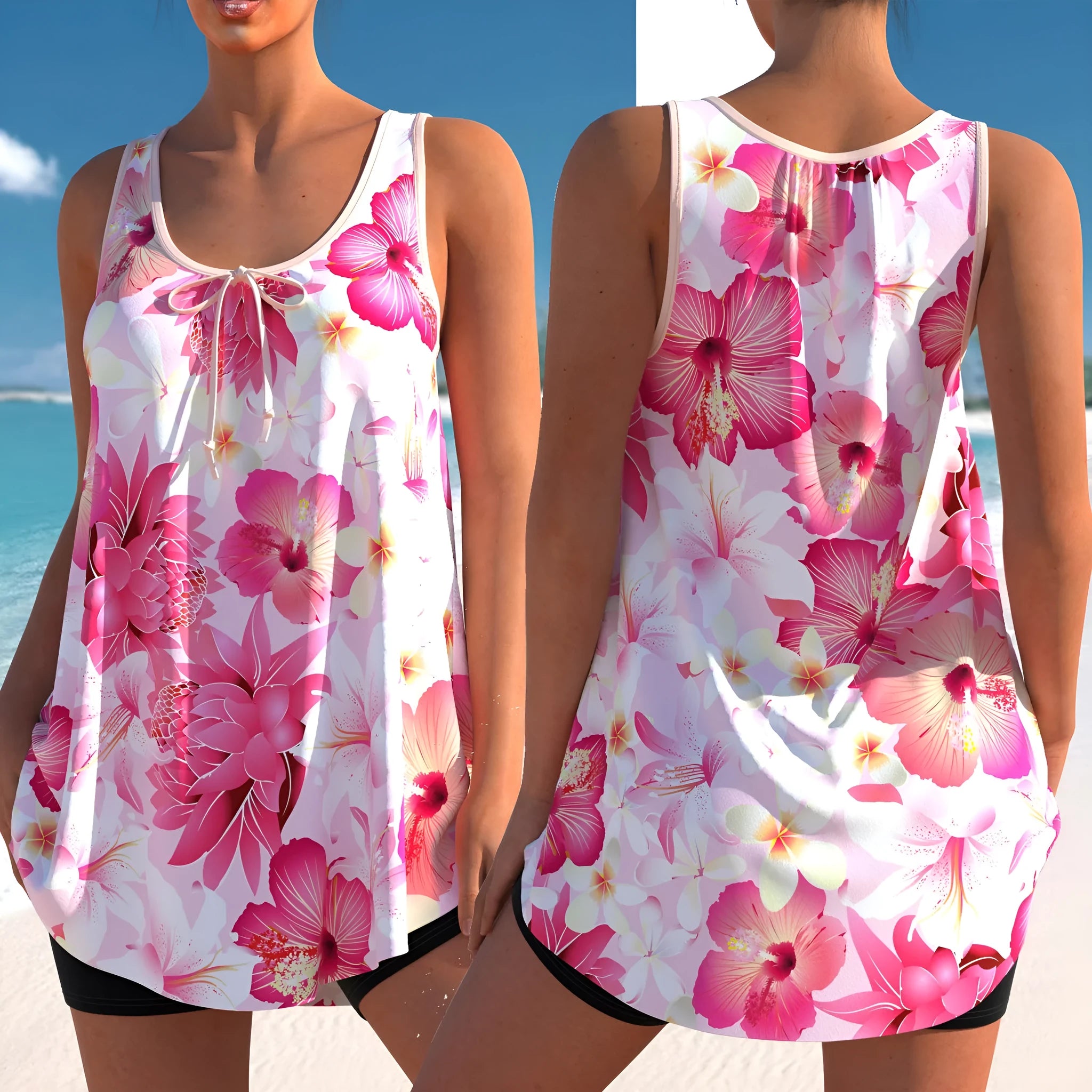 Pink printed plus-size tankini swimsuit with high-waist briefs and tankini top