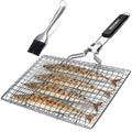 Square stainless steel barbecue mesh basket with folding design and cleaning brush for outdoor grilling