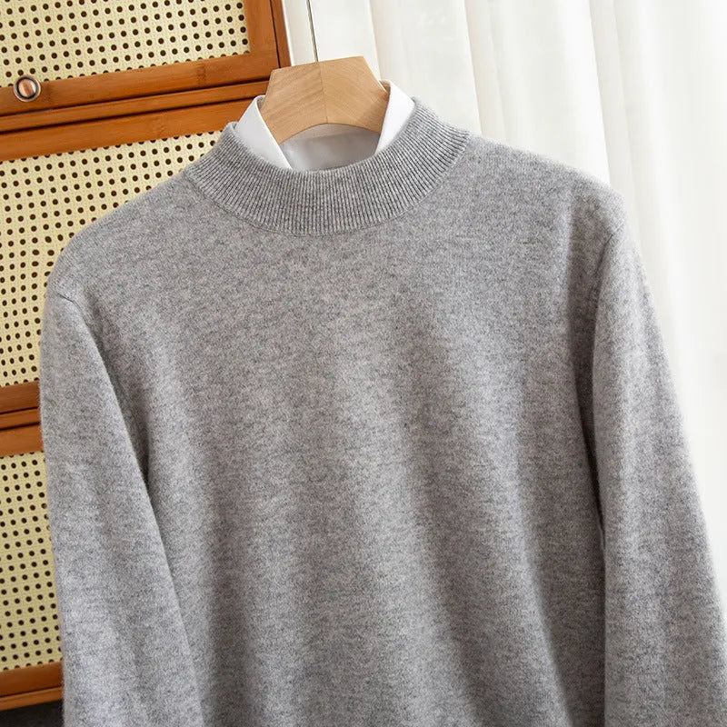 Men's loose fit half collar wool sweater in a light business style, shown in a choice of colours.