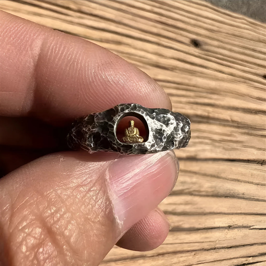 Hand-forged copper Grotto Buddha ring with rock texture finish, shown in size No. 8.