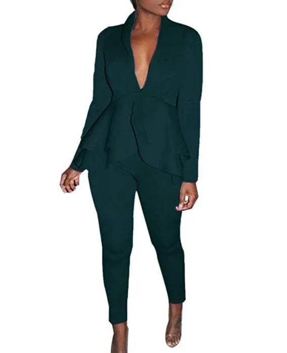 Women's white polyester business suit with ruffled sleeve detail and matching pencil pants.