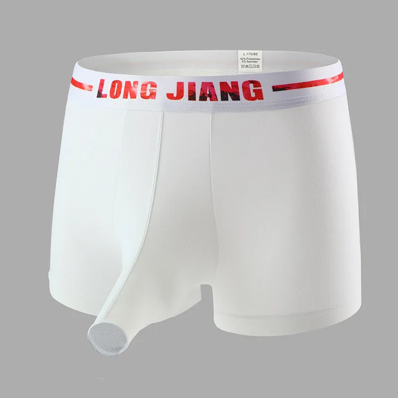 Men's ice silk boxer shorts in grey, showing trunk open design and mid waist.