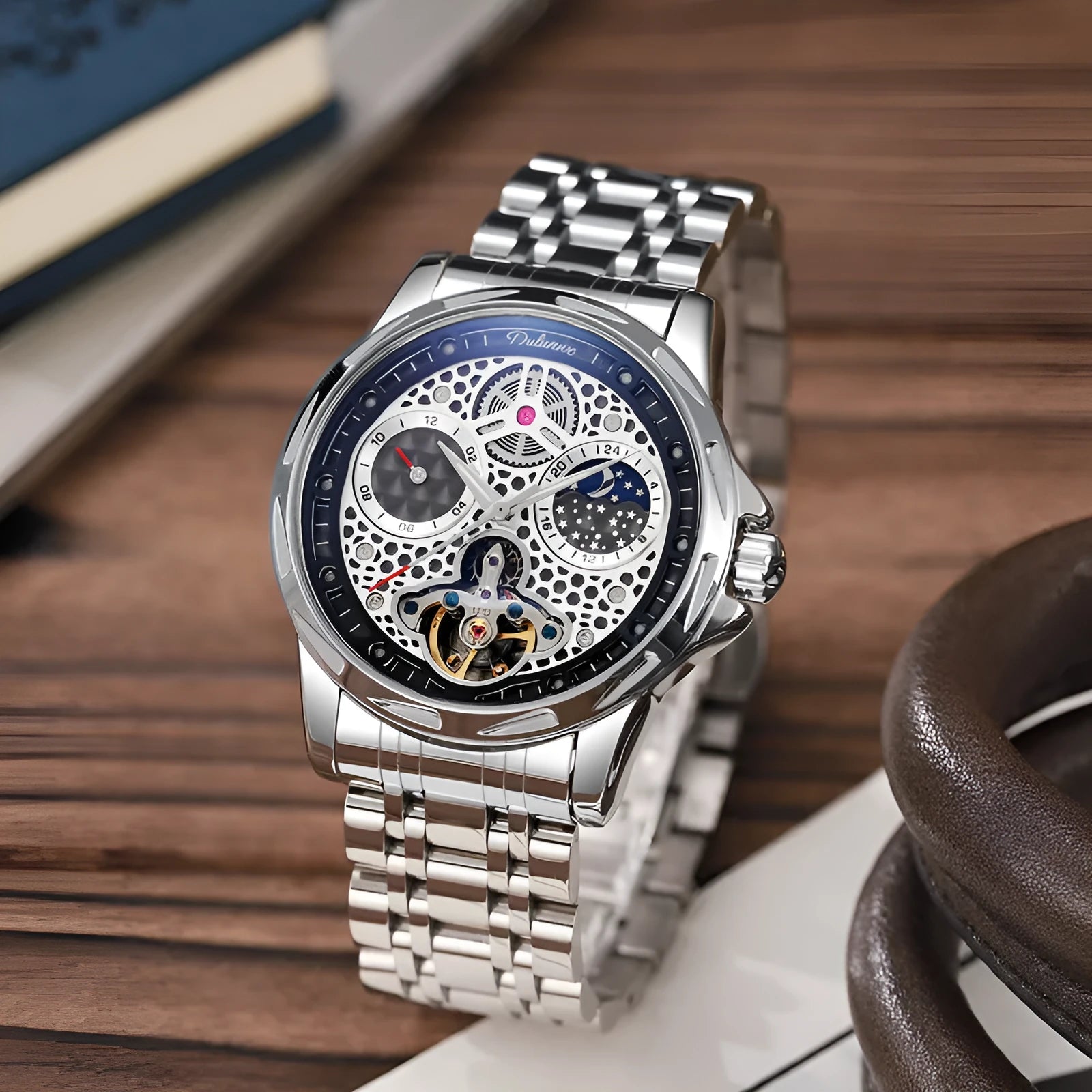 Men's automatic watch showing black and white colour options with leather strap and steel bracelet.